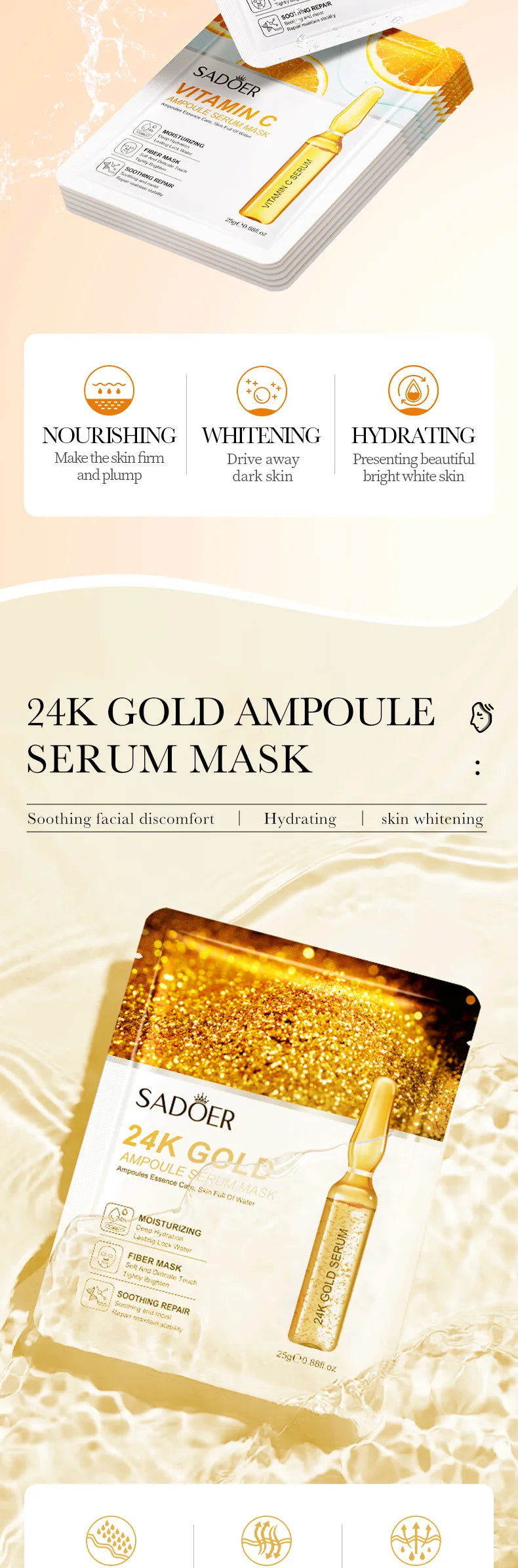 15pcs 24K Gold Hyaluronic Acid Face Mask Facial Firming Moisturizing Brightening Hydrating Facial Masks Skin Care Products