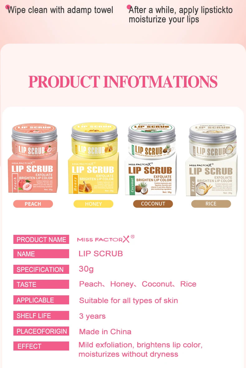 Lip Scrub 30g Peach Honey Rice Coconut Brightening Lip Color Exfoliating Moisturizing lips